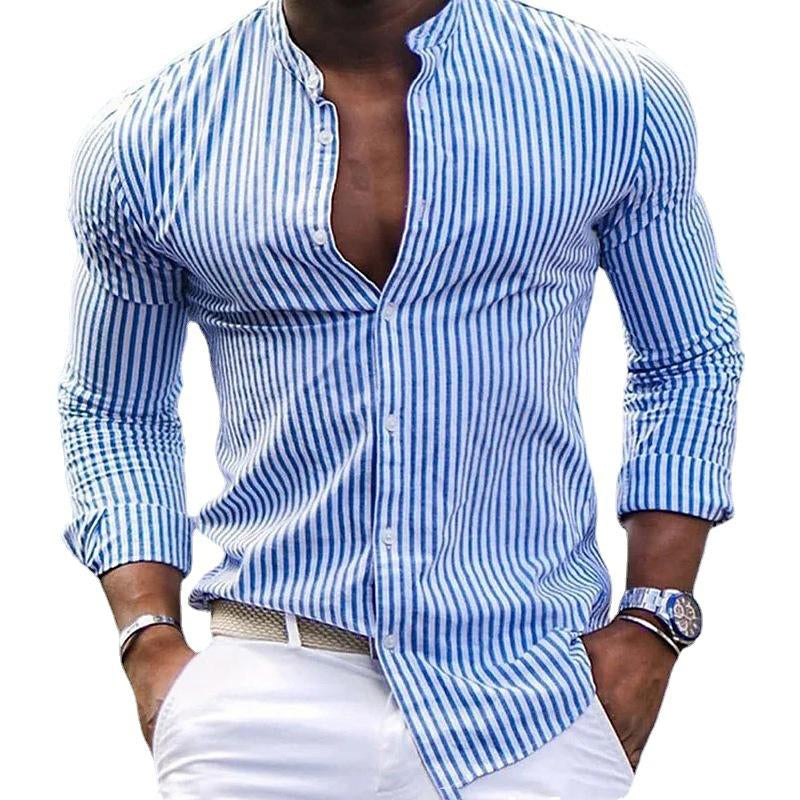 Men's Stripe Print Casual Fashion Stand Collar Shirt