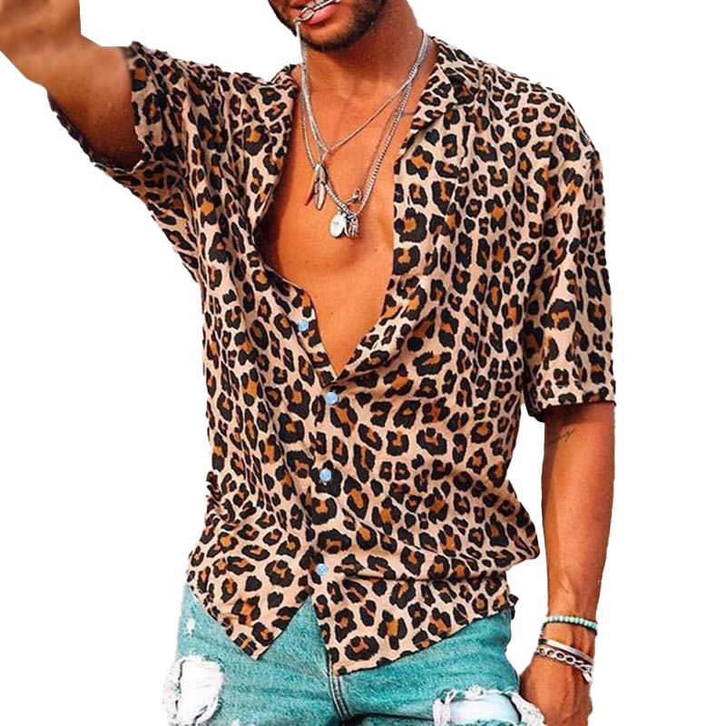 Men's Casual Leopard Print Short Sleeve Shirt