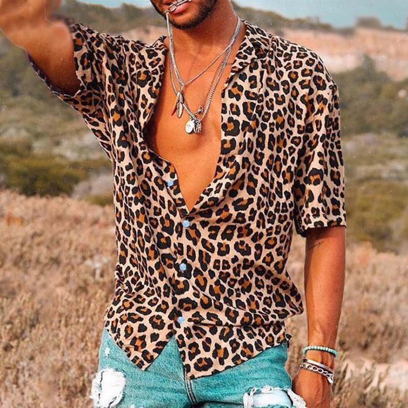 Men's Casual Leopard Print Short Sleeve Shirt