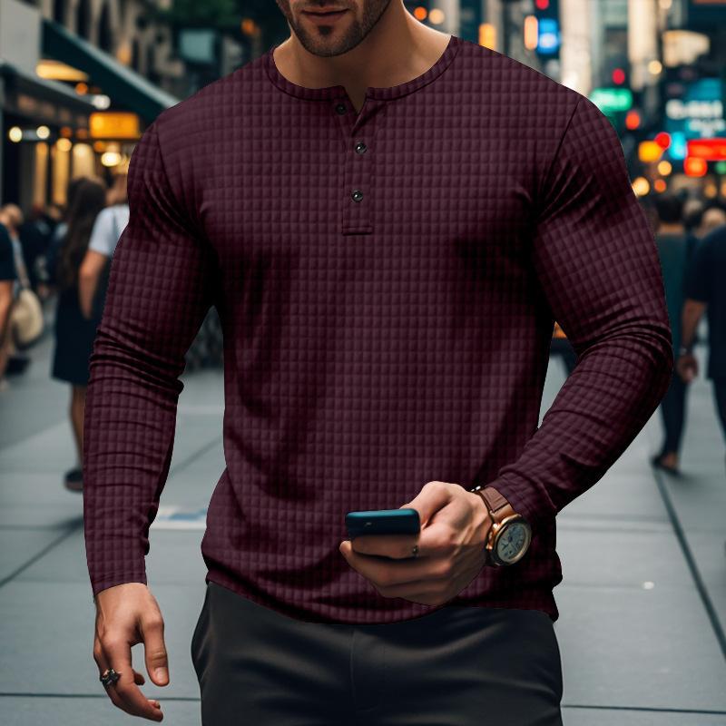 Men’s Casual Vintage Long Sleeve Henley T-Shirt with a Unique Solid and Checkered Design Ideal for Relaxed, Stylish Days