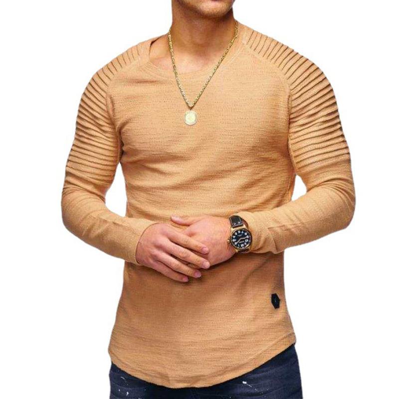 Men's Casual Solid Color Pleated Stitching Round Neck Long Sleeve T-Shirt