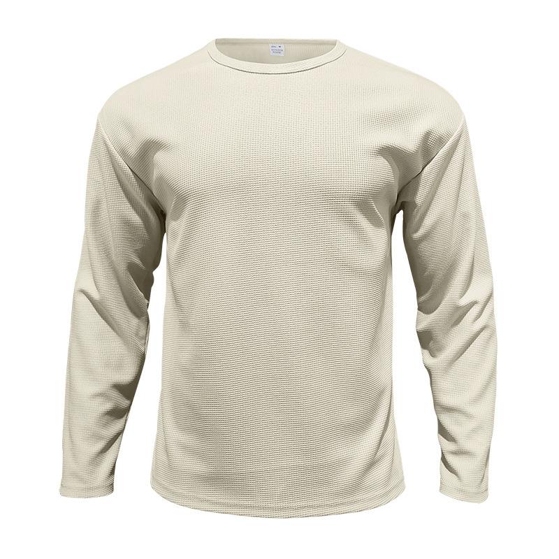 Men's Solid Color Knitted Waffle Loose Round Neck Long Sleeve T-Shirt