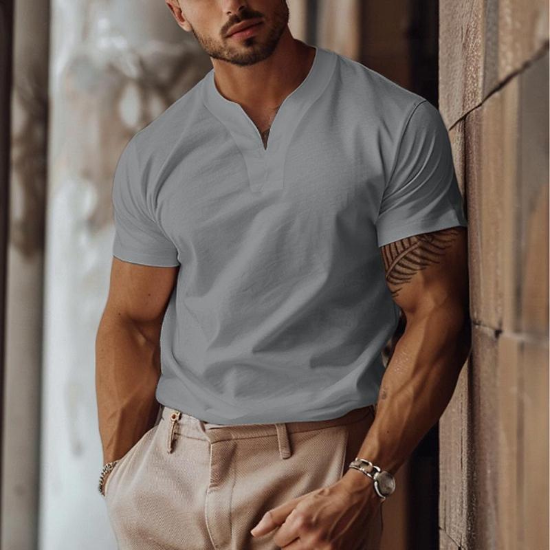 Men's Solid Color Elastic V-Neck Slim Fit Short-Sleeved T-Shirt