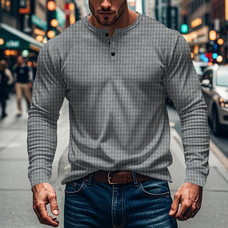 Men's Solid Plaid Button-Down Long Sleeve T-Shirt