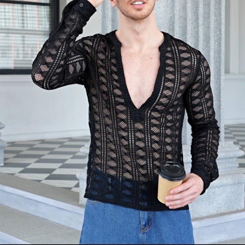 Men's Sexy Deep V-Neck Mesh Hollow Slim Long Sleeve T-shirt