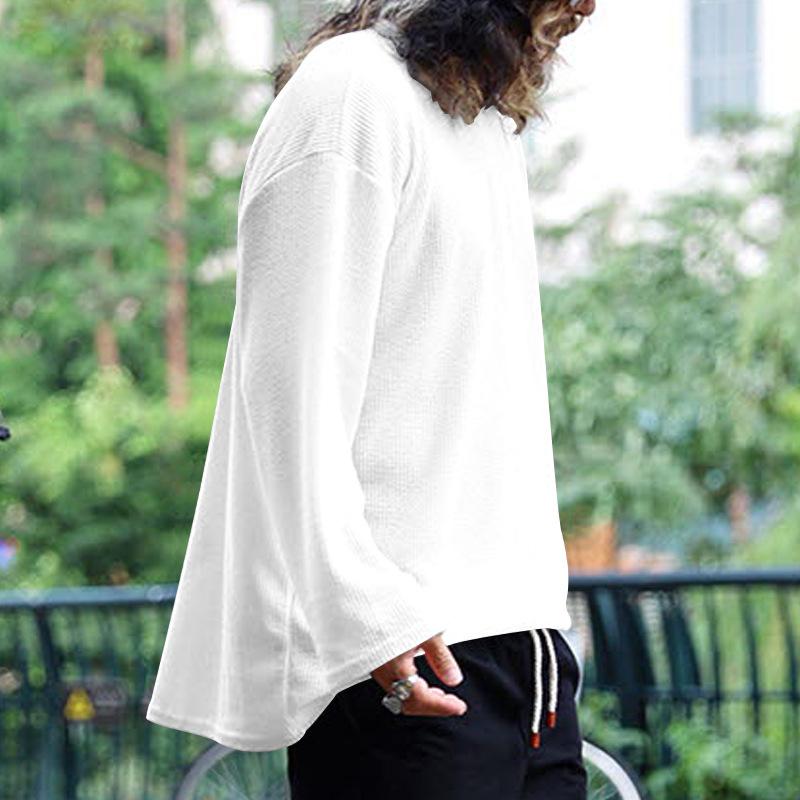 Men's Solid Color Knitted Waffle Loose Round Neck Long Sleeve T-Shirt