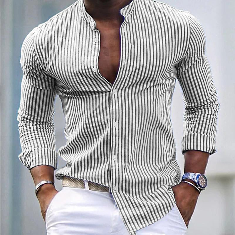 Men's Stripe Print Casual Fashion Stand Collar Shirt