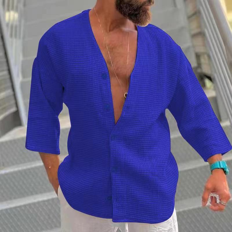 Men's Solid Color Loose Casual Retro Cropped Sleeve Shirt