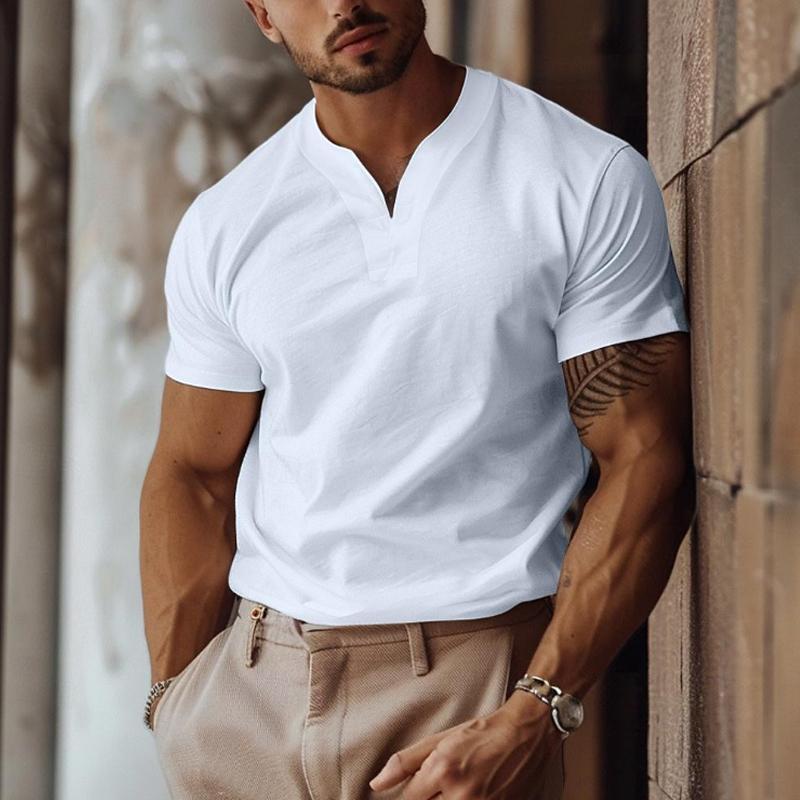 Men's Solid Color Elastic V-Neck Slim Fit Short-Sleeved T-Shirt