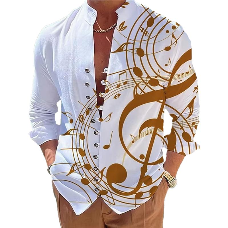 Men's Stand Collar Printed Musical Note Printed Button Long Sleeve Shirt