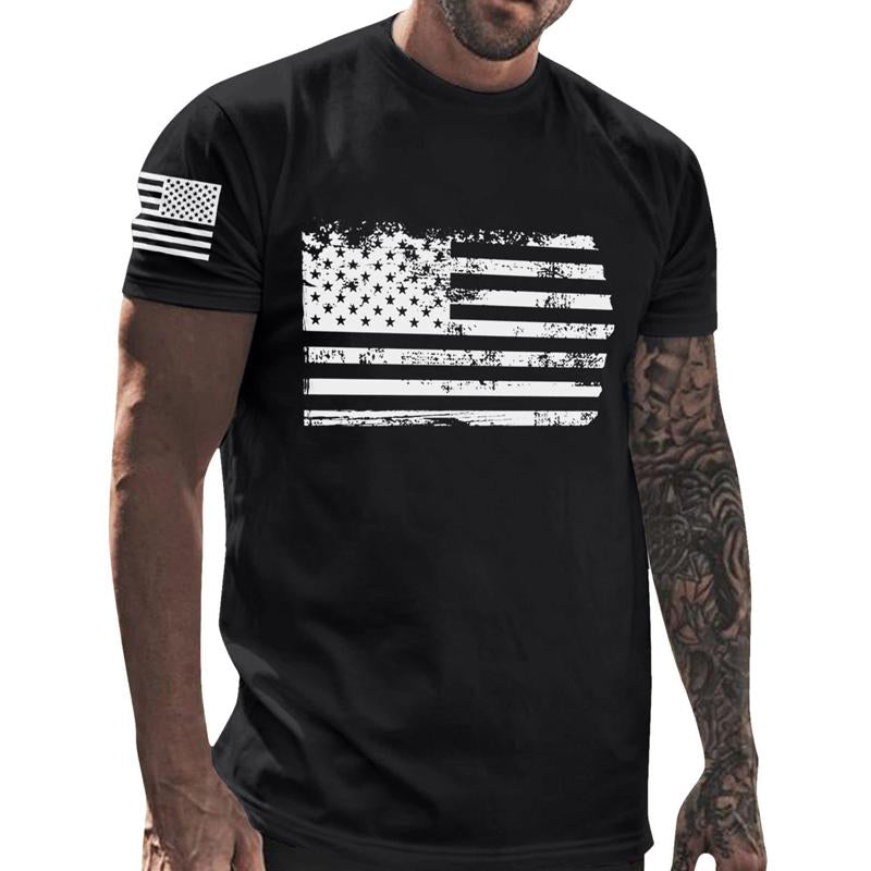 Men's Independence Day Crew Neck American Flag Print Top T-Shirt