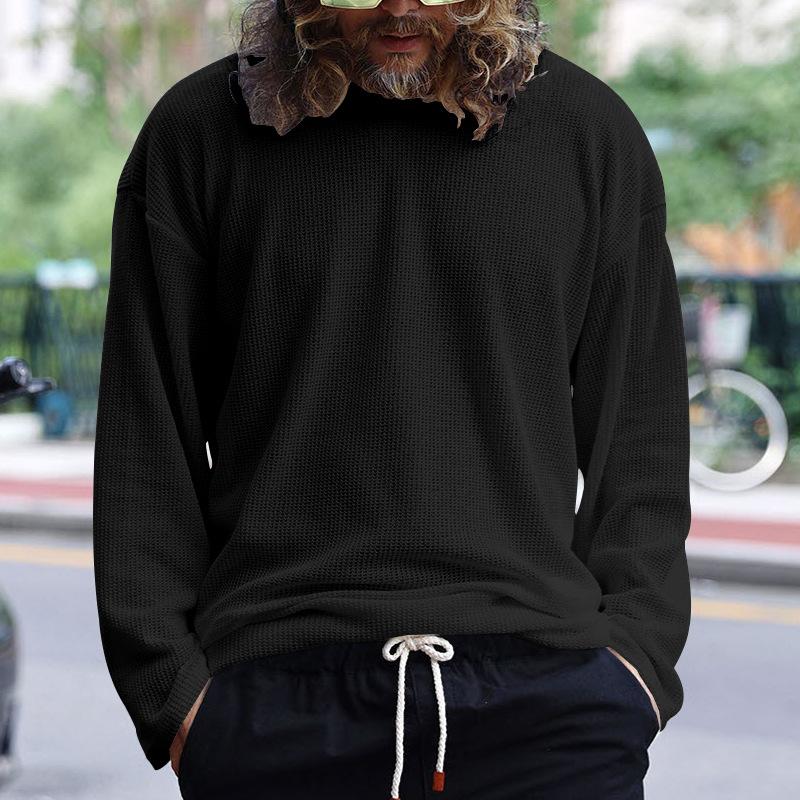 Men's Solid Color Knitted Waffle Loose Round Neck Long Sleeve T-Shirt