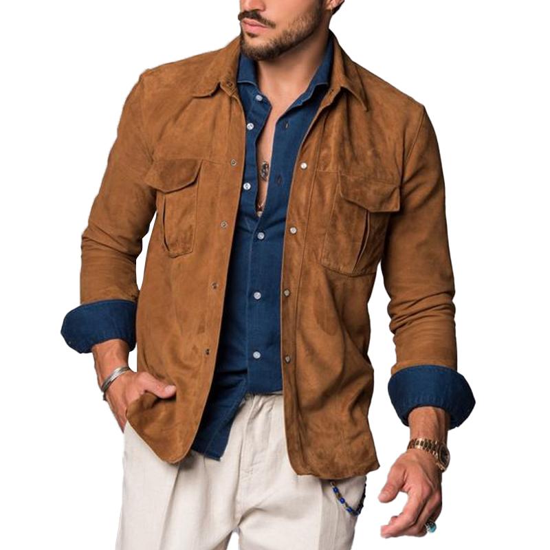 Men's Vintage Suede Double Breast Pocket Lapel Overshirt