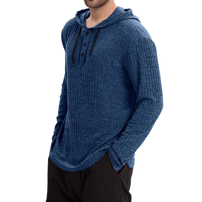 Men’s Casual Hooded Long Sleeve T-Shirt in Solid Color with Button Closure Effortless Style