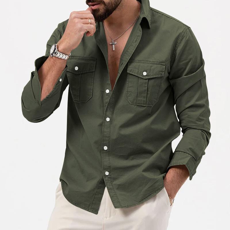 Men's Solid Lapel Breast Pocket Long Sleeve Cargo Shirt