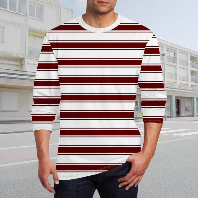 Men's Round Neck Printed Striped Long Sleeve T-shirt