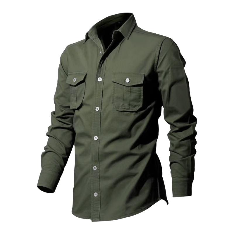 Men's Solid Lapel Breast Pocket Long Sleeve Cargo Shirt