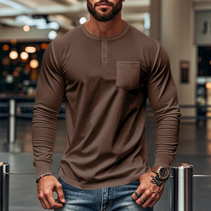 Men's Casual Crew Neck Cotton Blend Patch Pocket Long Sleeve T-Shirt