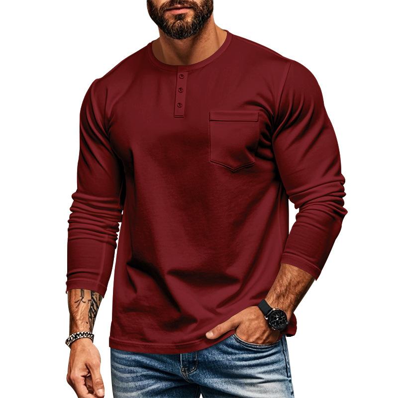 Men's Casual Crew Neck Cotton Blend Patch Pocket Long Sleeve T-Shirt