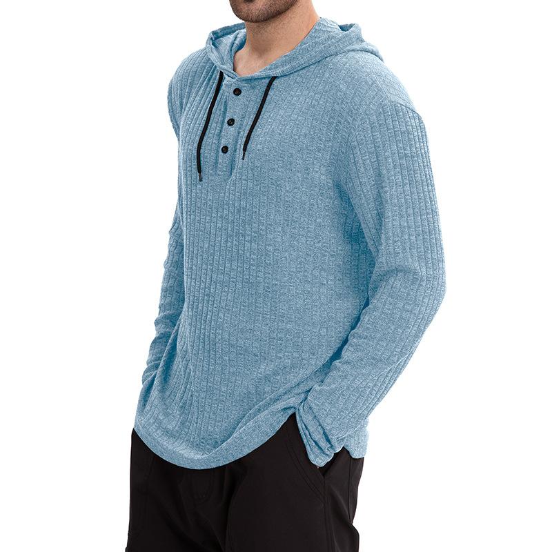 Men’s Casual Hooded Long Sleeve T-Shirt in Solid Color with Button Closure Effortless Style