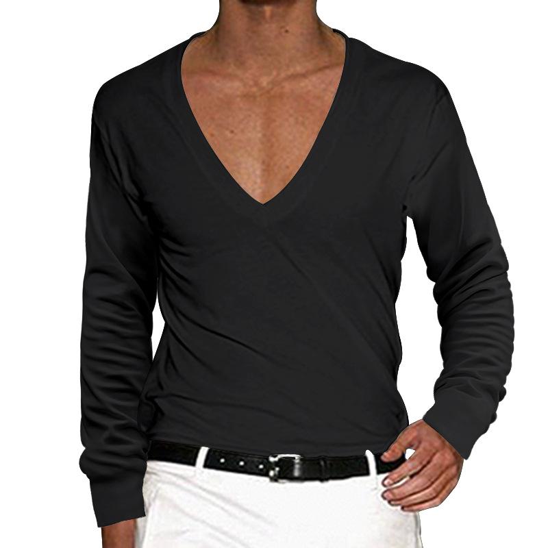 Men's Casual V Neck Solid Color Slim Long Sleeve T-Shirt