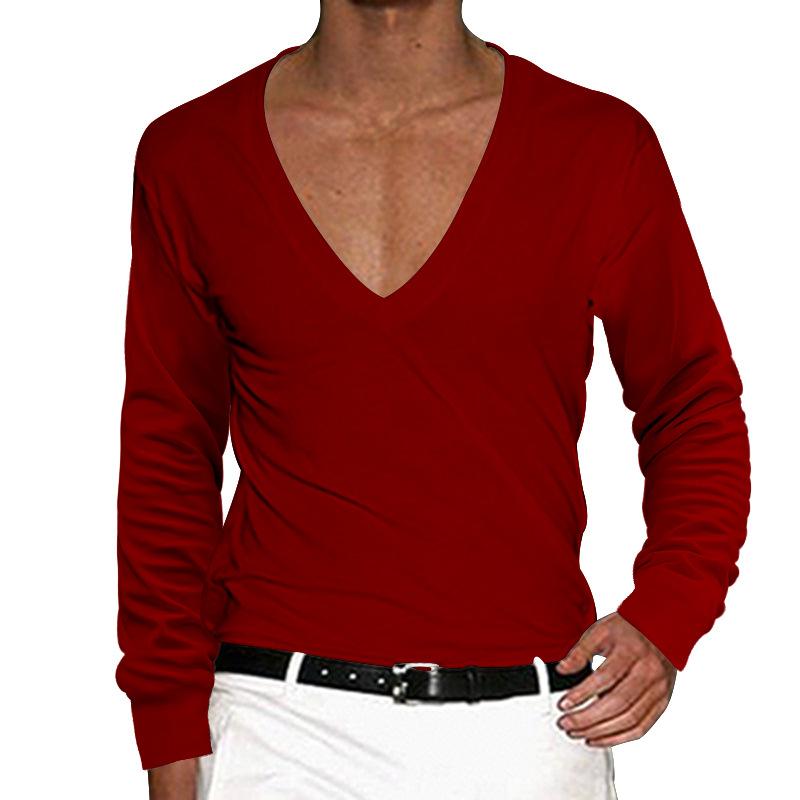 Men's Casual V Neck Solid Color Slim Long Sleeve T-Shirt