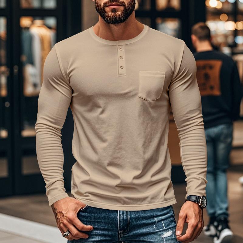 Men's Casual Crew Neck Cotton Blend Patch Pocket Long Sleeve T-Shirt