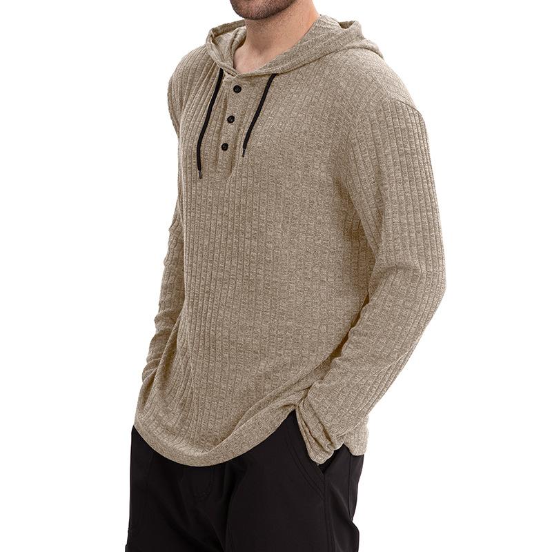 Men’s Casual Hooded Long Sleeve T-Shirt in Solid Color with Button Closure Effortless Style