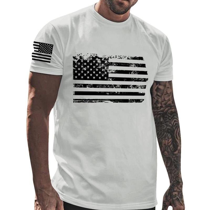 Men's Independence Day Crew Neck American Flag Print Top T-Shirt