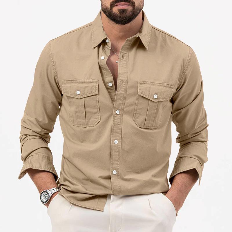 Men's Solid Lapel Breast Pocket Long Sleeve Cargo Shirt