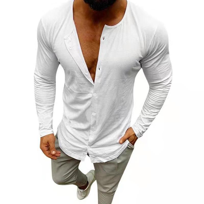 Men's Solid Color Long Sleeve Round Neck Button T-Shirt