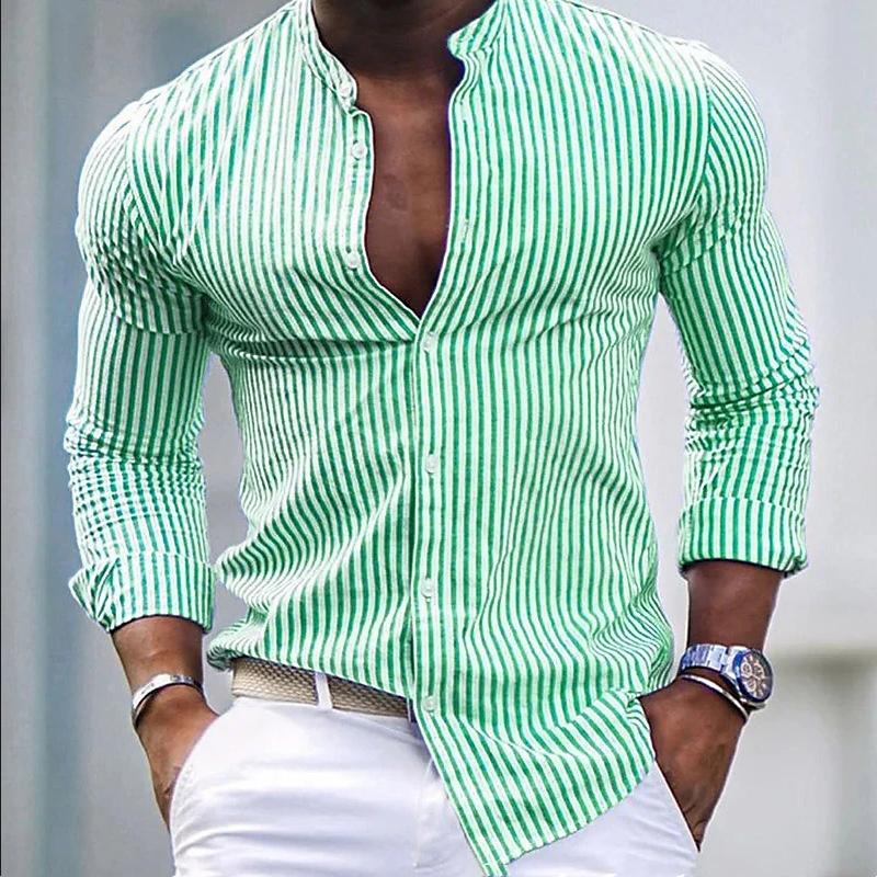 Men's Stripe Print Casual Fashion Stand Collar Shirt