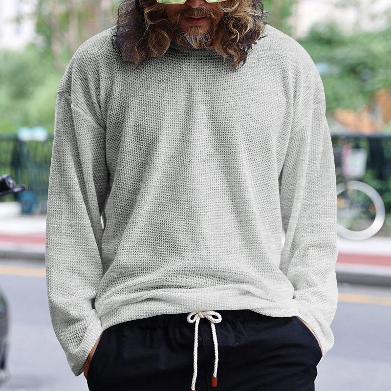 Men's Solid Color Knitted Waffle Loose Round Neck Long Sleeve T-Shirt