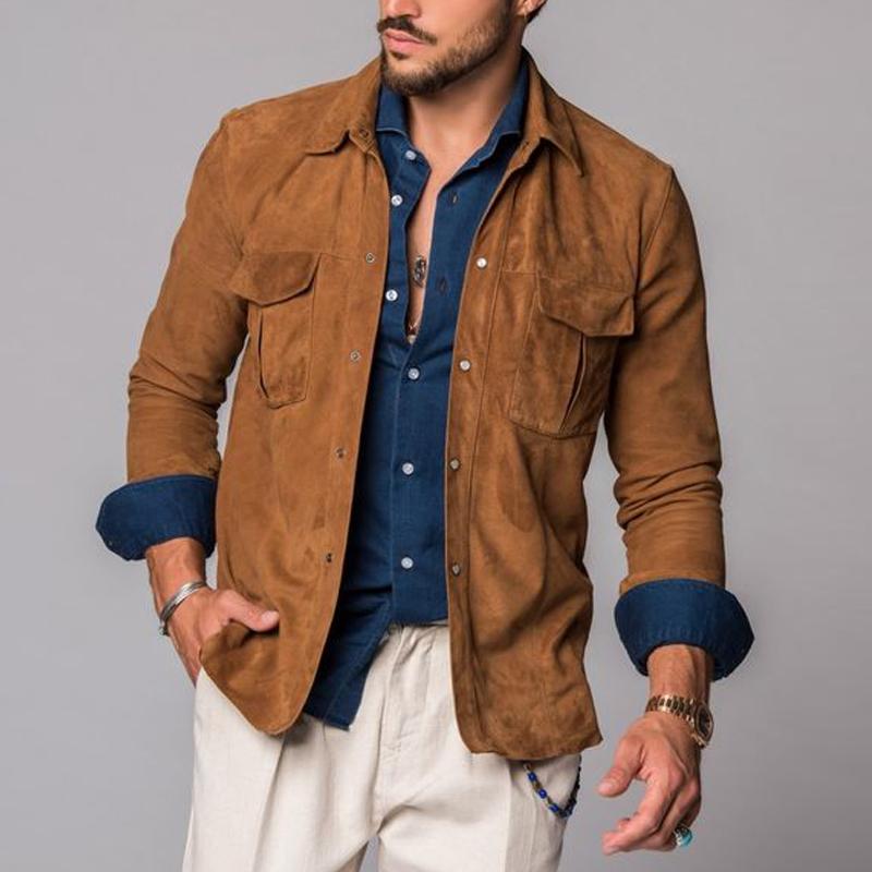 Men's Vintage Suede Double Breast Pocket Lapel Overshirt