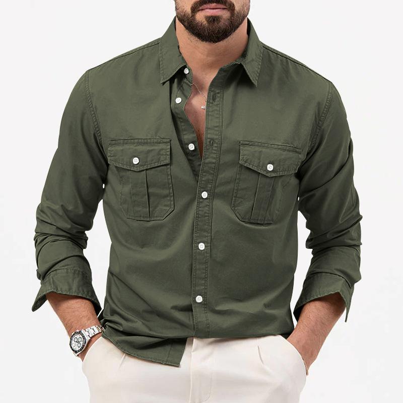 Men's Solid Lapel Breast Pocket Long Sleeve Cargo Shirt