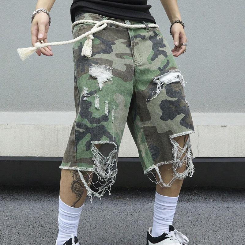 Men's Camouflage Washed Ripped Cropped Trousers