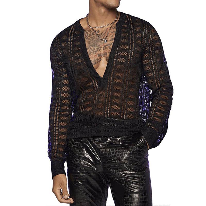 Men's Sexy Deep V-Neck Mesh Hollow Slim Long Sleeve T-shirt