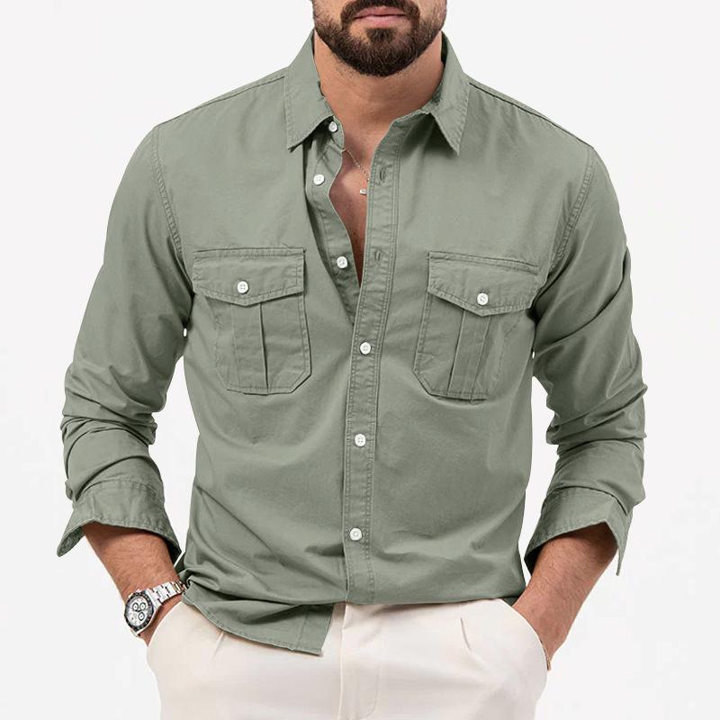 Men's Solid Lapel Breast Pocket Long Sleeve Cargo Shirt