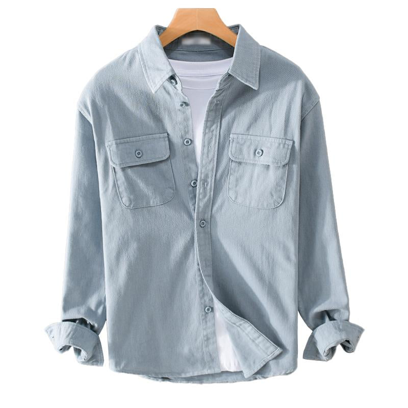 Men's Casual Cotton Breathable Lapel Single Breasted Loose Long Sleeve Shirt