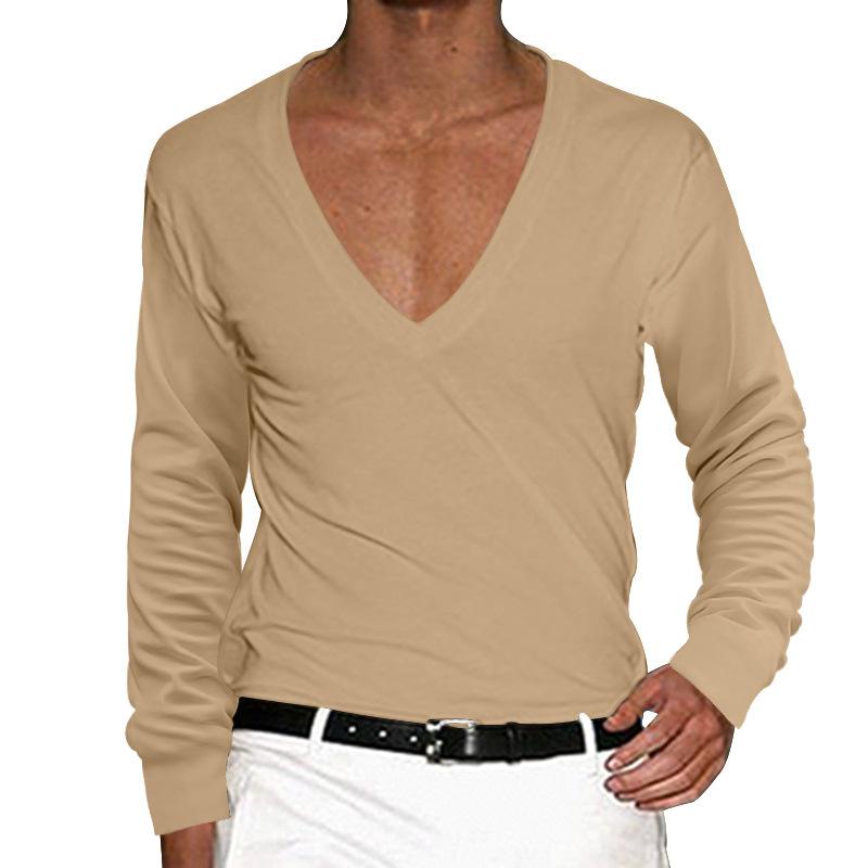 Men's Casual V Neck Solid Color Slim Long Sleeve T-Shirt