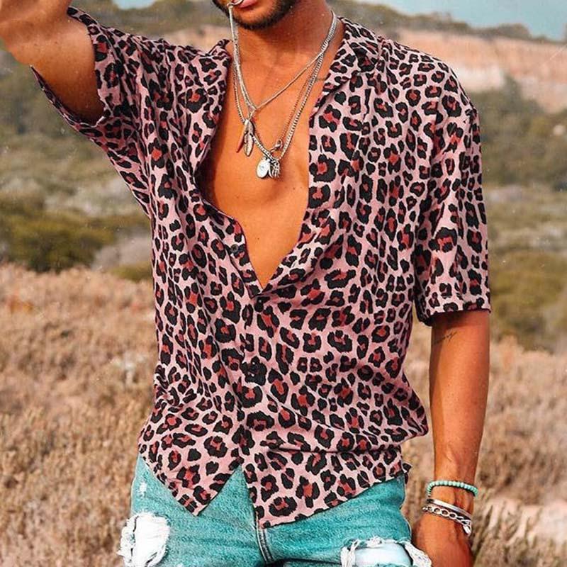 Men's Casual Leopard Print Short Sleeve Shirt