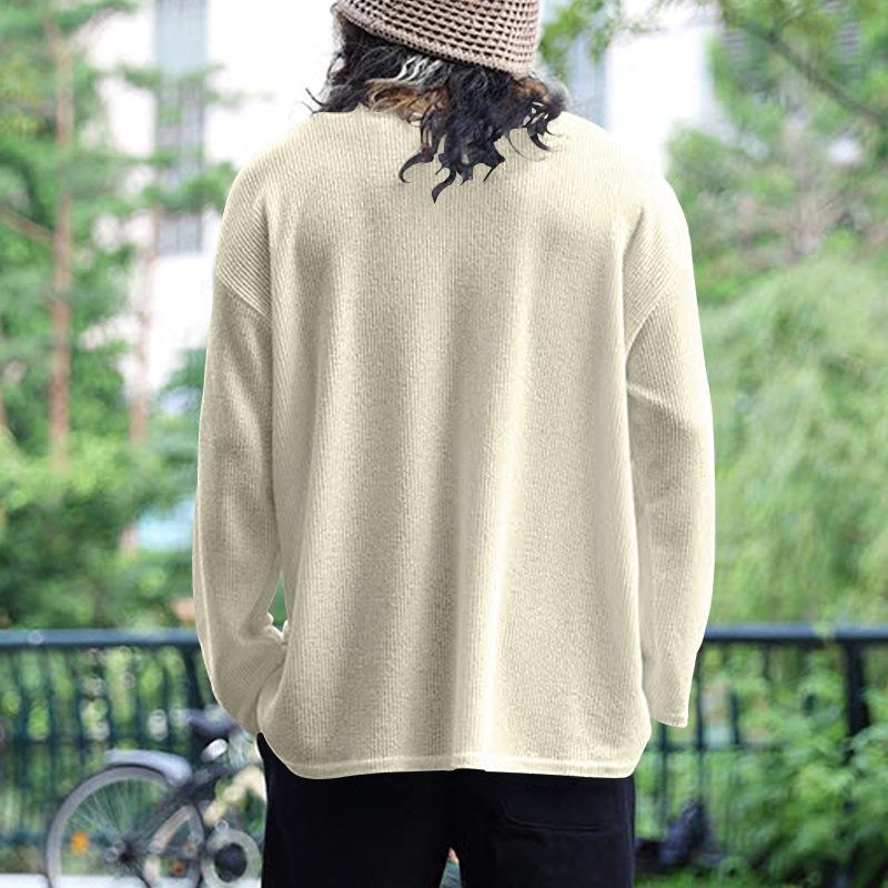 Men's Solid Color Knitted Waffle Loose Round Neck Long Sleeve T-Shirt