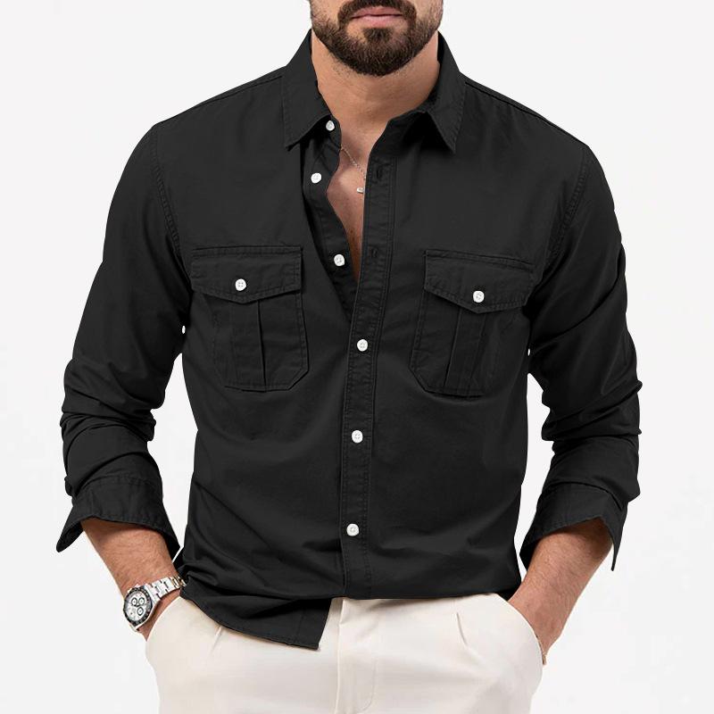 Men's Solid Lapel Breast Pocket Long Sleeve Cargo Shirt