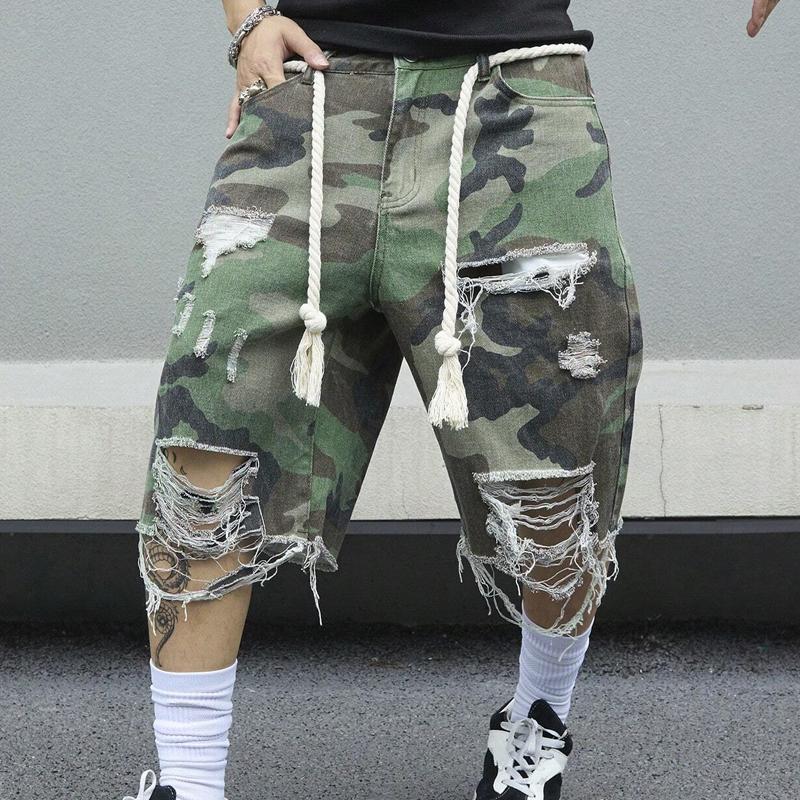 Men's Camouflage Washed Ripped Cropped Trousers