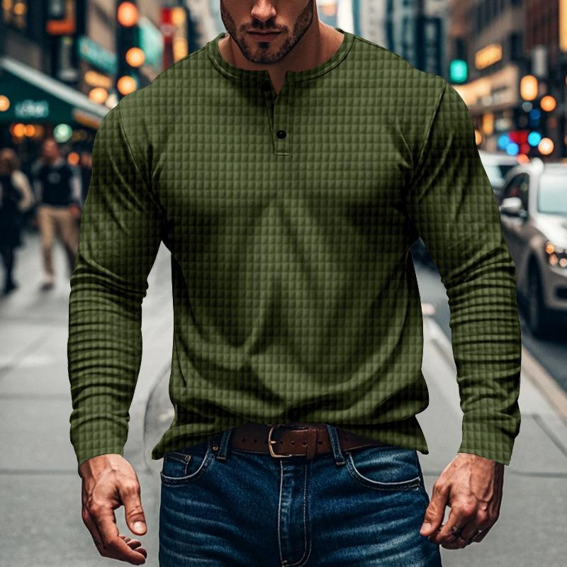 Men's Solid Plaid Button-Down Long Sleeve T-Shirt