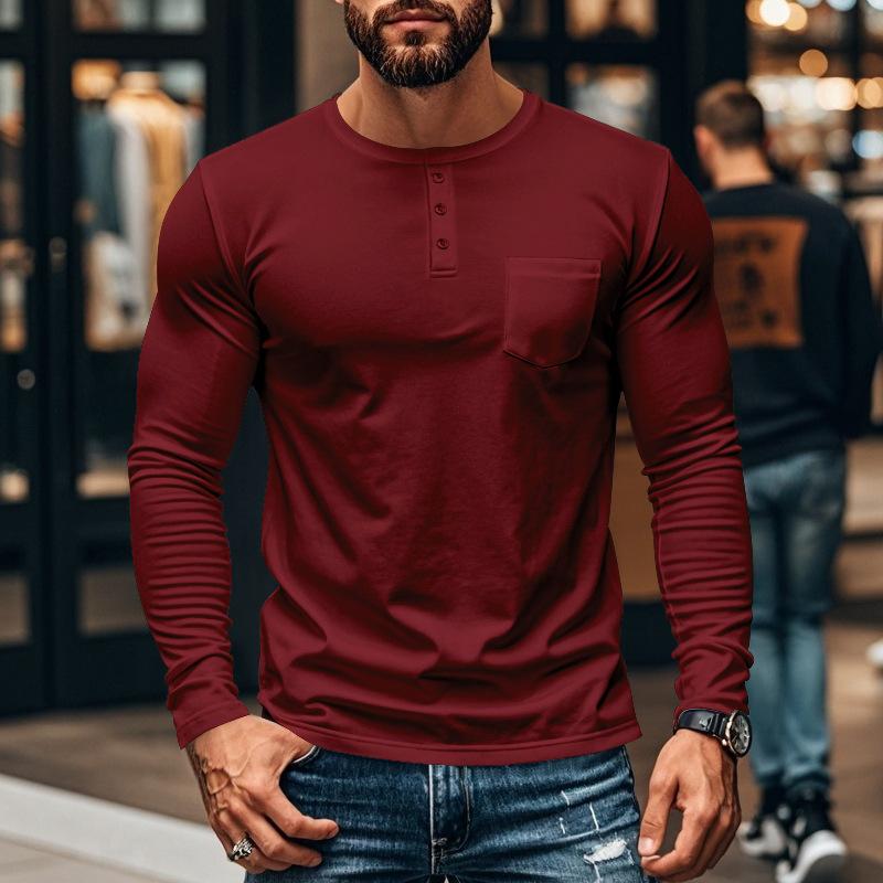 Men's Casual Crew Neck Cotton Blend Patch Pocket Long Sleeve T-Shirt