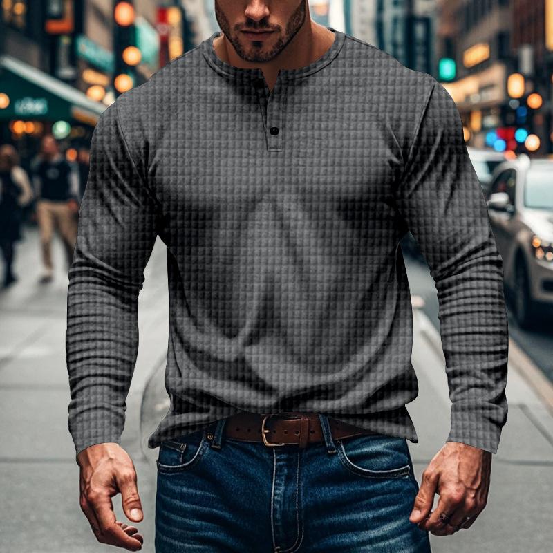 Men's Solid Plaid Button-Down Long Sleeve T-Shirt