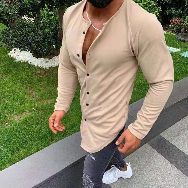 Men's Solid Color Long Sleeve Round Neck Button T-Shirt