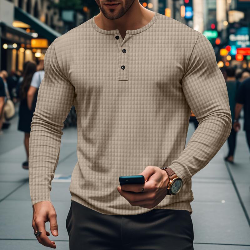 Men’s Casual Vintage Long Sleeve Henley T-Shirt with a Unique Solid and Checkered Design Ideal for Relaxed, Stylish Days