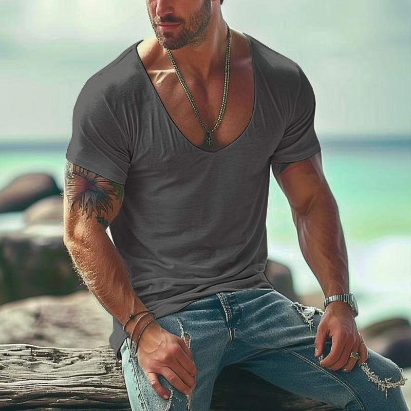 Men's Casual Cotton Blended U-neck Slim Fit Short-sleeved T-shirt